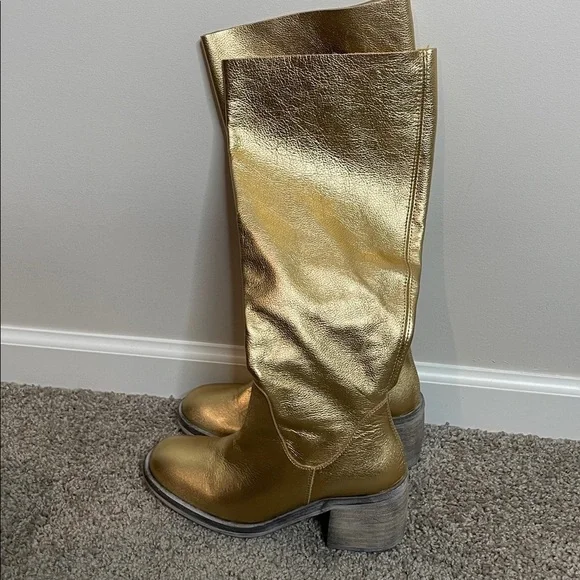 Free People | Women’s Essentials Tall Gold Metallic Leather Boots Size 6 NWOB - Picture 3 of 8